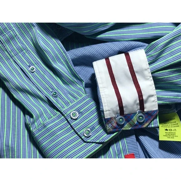 Robert Graham Long Sleeve Shirt Mens Large Tailored Fit Striped Blue Green - Picture 12 of 12